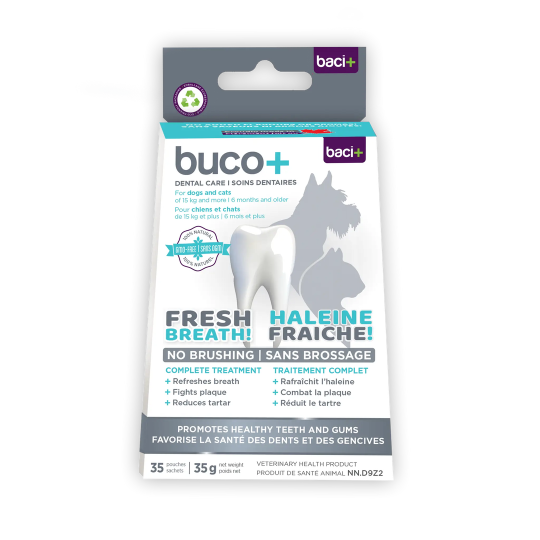 Supplément Buco+ pour une haleine fraîche et des dents saines, chiens et chats de plus de 15 kg